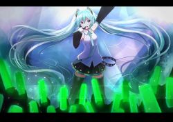 Rule 34 | 1girl, absurdly long hair, aqua hair, arm up, brown eyes, concert, detached sleeves, glowstick, hatsune miku, headset, highres, kazenoko, letterboxed, long hair, necktie, open mouth, skirt, solo, thighhighs, twintails, very long hair, vocaloid