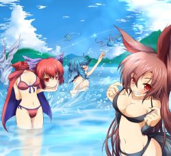 Rule 34 | 4girls, animal ears, assisted exposure, bikini, unworn bikini top, black bikini, blue bikini, blue eyes, blue hair, blue sky, blush, bow, breasts, brown hair, cape, circled 9, cirno, cleavage, clothes theft, cloud, collarbone, covering privates, covering breasts, day, desukingu, disembodied head, dullahan, embarrassed, fins, fishing line, fishing rod, flying, front-tie top, fur, g (genesis1556), grin, hair bow, head fins, highres, ice, ice wings, imaizumi kagerou, lake, long hair, looking at viewer, medium breasts, mermaid, monster girl, mountain, multiple girls, navel, nude, outdoors, outstretched arm, outstretched hand, red bikini, red eyes, red hair, sekibanki, severed head, side-tie bikini bottom, sky, smile, splashing, stick figure, strap lift, strap pull, swimsuit, swimsuit theft, tail, theft, topless, touhou, very long hair, wading, wakasagihime, water, wings, wolf ears, wolf tail