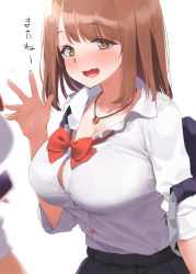 Rule 34 | 2girls, blush, bow, bowtie, breasts, brown eyes, brown hair, button gap, collarbone, fang, hand up, jewelry, kaisen chuui, large breasts, looking at viewer, multiple girls, necklace, open mouth, original, red neckwear, school uniform, short hair, simple background, smile, translated, white background