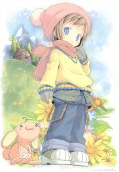 Rule 34 | 1girl, blue eyes, bobblehat, child, day, female focus, flower, gloves, grass, highres, hill, house, mountain, original, outdoors, page number, pants, pink headwear, pink scarf, pop (electromagneticwave), scarf, shoes, smile, solo, sweater, tree, v-neck, yellow sweater