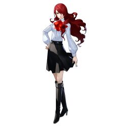 Rule 34 | 1girl, absurdres, artist request, ascot, black footwear, black skirt, boots, commentary, english commentary, full body, gekkoukan high school uniform, hair over one eye, hand on own hip, high heel boots, high heels, highres, kirijou mitsuru, knee boots, long hair, official art, persona, persona 3, persona 3 reload, red ascot, red eyes, red hair, school uniform, shirt, skirt, standing, white background, white shirt