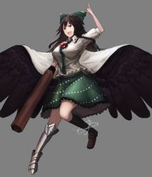 Rule 34 | 1girl, arm cannon, asymmetrical footwear, black hair, black socks, black wings, bow, breasts, brown hair, collar, collared shirt, feathered wings, frilled collar, frilled shirt collar, frilled skirt, frills, green skirt, grey background, hair bow, kneehighs, large breasts, long hair, looking at viewer, armored boots, midriff, minami koyogi, mismatched footwear, navel, open mouth, pointing, pointing up, red eyes, reiuji utsuho, shirt, short sleeves, simple background, skirt, socks, solo, teeth, thighs, third eye, tongue, touhou, weapon, white shirt, wings