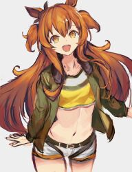 Rule 34 | 1girl, animal ears, belt, cowboy shot, crop top, e nnihql, green jacket, horse ears, jacket, long hair, long sleeves, looking at viewer, mayano top gun (umamusume), midriff, navel, open clothes, open jacket, open mouth, orange hair, shorts, simple background, smile, solo, two side up, umamusume, unfinished, white background, white shorts, yellow eyes