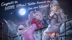 Rule 34 | 2girls, absurdres, alice (nikke), ass, blonde hair, bodysuit, breasts, cleavage, copyright name, cropped jacket, cup, dress, fingerless gloves, full moon, fur hat, fur trim, garter straps, gloves, goddess of victory: nikke, hair ornament, hat, headphones, highres, holding, holding cup, jacket, lips, long hair, long sleeves, ludmilla (nikke), medium breasts, moon, mountain, mug, mugetsu2501, multiple girls, night, night sky, official art, open mouth, parted lips, pink bodysuit, pink hair, red eyes, shiny clothes, shooting star, short dress, simple background, skin tight, sky, smile, star (sky), thighhighs, twintails, ushanka, zettai ryouiki