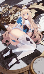 Rule 34 | 1girl, absurdres, ahoge, ass, blonde hair, blue eyes, blush, breasts, clock, clothing cutout, cup, dress, garter straps, gears, hair ribbon, high heels, highres, large breasts, long hair, looking at viewer, mole, mole on thigh, original, panties, pumps, ribbon, shoes, smile, solo, stiletto heels, teacup, thighhighs, underboob, underboob cutout, underwear, untue, white garter straps, white thighhighs