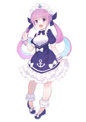 Rule 34 | 1girl, :d, anchor, anchor symbol, blue dress, blue footwear, blue hair, blue ribbon, bow, braid, breasts, colored inner hair, dress, frilled dress, frills, full body, hair ribbon, hololive, leilin, long hair, maid headdress, medium breasts, minato aqua, minato aqua (1st costume), multicolored hair, no shoes, open mouth, puffy short sleeves, puffy sleeves, purple eyes, purple hair, ribbon, ringlets, shoes, short sleeves, simple background, smile, solo, standing, twintails, two-tone hair, very long hair, virtual youtuber, white background, white bow, wrist cuffs