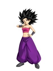 Rule 34 | belly, breasts, caulifla, cleavage, collarbone, dragon ball, dragon ball super, hand on own hip, looking at viewer, midriff, navel, official art, pants, purple pants, smile, spiked hair