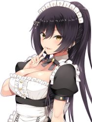 Rule 34 | 1girl, :d, alternate costume, apron, arm at side, black hair, blush, breasts, cleavage, collarbone, commentary request, detached collar, earrings, enmaided, finger to mouth, frills, hair between eyes, hair ornament, highres, idolmaster, idolmaster shiny colors, inuzumi masaki, jewelry, large breasts, long hair, looking at viewer, maid, maid headdress, open mouth, ponytail, puffy short sleeves, puffy sleeves, shirase sakuya, short sleeves, shushing, sidelocks, simple background, smile, solo, upper body, white background, yellow eyes