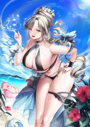 Rule 34 | 1girl, absurdres, animal, armpits, beach, bikini, black bikini, blue dress, blue eyes, blurry, bokeh, breasts, bridal gauntlets, bubble, cleavage, cloud, commentary request, curly hair, depth of field, dress, flower, forehead, frilled dress, frills, grey hair, hair ornament, halterneck, hand on own hip, hibiscus, highres, huge breasts, index finger raised, innertube, leaning forward, legs together, long hair, long pointy ears, looking at viewer, madaeng, mountain, navel, o-ring, o-ring top, ocean, open mouth, original, outdoors, parted bangs, pointy ears, rainbow gradient, revealing clothes, single bridal gauntlet, sky, solo, sparkle, summer, swim ring, swimsuit, teeth, thigh strap, thighs, upper teeth only, wet