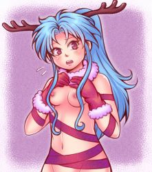 Rule 34 | 1girl, antlers, blue hair, blush, botan (yu yu hakusho), breasts, christmas, fur-trimmed sleeves, fur trim, gift wrapping, gloves, hands on own chest, horns, long hair, medium breasts, naked ribbon, navel, nipples, octoppoi, open mouth, out-of-frame censoring, partially undressed, ponytail, purple eyes, red ribbon, reindeer antlers, ribbon, santa costume, santa gloves, standing, stomach, teeth, yuu yuu hakusho