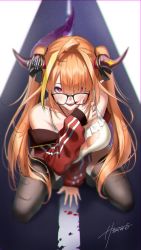 Rule 34 | 1girl, absurdres, ahoge, bad id, bad twitter id, bare shoulders, black-framed eyewear, black ribbon, black thighhighs, blonde hair, blood, blood on face, blush, bow, breasts, camisole, cleavage, cleavage cutout, clothing cutout, dated, dragon girl, dragon horns, fangs, glasses, hair over one eye, hair ribbon, highres, hololive, horn bow, horn ornament, horns, hz (helu 2), jacket, kiryu coco, kiryu coco (loungewear), kneeling, large breasts, long hair, looking at viewer, multicolored hair, off shoulder, official alternate costume, open clothes, open jacket, open mouth, orange hair, pointy ears, purple eyes, red eyes, red jacket, ribbon, smile, smirk, solo, streaked hair, thighhighs, track jacket, twintails, very long hair, virtual youtuber, white camisole