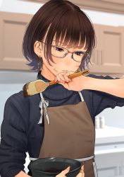 Rule 34 | 1girl, apron, blue sweater, blurry, blurry background, bowl, brown apron, brown eyes, brown hair, cupboard, earrings, glasses, hand up, highres, holding, holding bowl, holding spatula, indoors, jewelry, kitchen, long sleeves, mole, mole under eye, original, parted lips, saitou (lynx-shrike), short hair, solo, spatula, standing, sweater, turtleneck, turtleneck sweater
