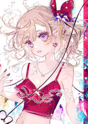 Rule 34 | 1girl, alternate costume, alternate eye color, bare shoulders, blonde hair, blush, bow, breasts, chromatic aberration, cleavage, collarbone, commentary request, cropped torso, crystal, earrings, fang, flandre scarlet, frilled shirt, frills, hair bow, hair ornament, hair ribbon, hairclip, heart, highres, jewelry, lace trim, laevatein (touhou), majamari, multicolored wings, navel, necklace, one side up, open mouth, pointy ears, purple eyes, red bow, red nails, red shirt, ribbon, shirt, shoulder strap, signature, sleeveless, sleeveless shirt, solo, touhou, wings