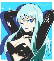 Rule 34 | 1girl, arms up, blue eyes, blue hair, blue lips, goth fashion, highres, jacket, long hair, nemissa, one eye closed, open clothes, open jacket, soul hackers, wink