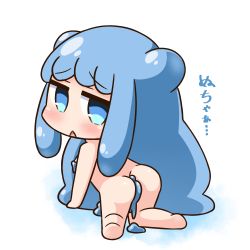 Rule 34 | 1girl, :&lt;, all fours, ass, barefoot, blue eyes, blue hair, blush, chibi, commentary request, convenient censoring, double bun, full body, hair bun, half slime-chan, hana kazari, long hair, looking at viewer, looking back, monster girl, nude, original, parted lips, sidelocks, slime girl, soles, solo, triangle mouth, very long hair, white background