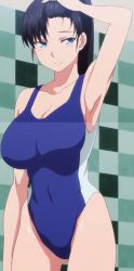 Rule 34 | 1girl, anime screenshot, arm above head, armpits, black hair, blue eyes, breasts, competition swimsuit, covered navel, forehead, highres, large breasts, legs, one-piece swimsuit, ponytail, shuumatsu no harem, smile, stitched, swimsuit, thighs, third-party edit, toudou akira (shuumatsu no harem)