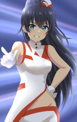 Rule 34 | 1girl, antenna hair, black hair, blue eyes, breasts, character request, dars (recolors), ganaha hibiki, garrison cap, gloves, grin, hair between eyes, hand on own hip, hat, high ponytail, highres, idolmaster, idolmaster (classic), index finger raised, jacket, long hair, looking at viewer, medium breasts, midriff, navel, sleeveless, sleeveless jacket, smile, solo, standing, stomach, very long hair, voy@ger (idolmaster), white gloves, white jacket