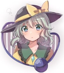 Rule 34 | 1girl, asa (coco), black hat, blush, bow, closed mouth, collarbone, eyeball, female focus, frilled shirt collar, frills, gradient background, green eyes, hat, hat bow, komeiji koishi, looking at viewer, silver hair, solo, third eye, touhou, upper body, white background, yellow bow