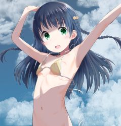 Rule 34 | 1girl, bikini, blue hair, braid, breasts, brown bikini, cloud, cloudy sky, commentary, green eyes, hair ornament, hands up, kokekokko coma, looking at viewer, navel, open mouth, original, oversized breast cup, sky, small breasts, solo, string bikini, swimsuit