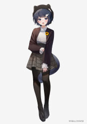 Rule 34 | 1girl, :d, absurdres, animal ears, black eyes, black footwear, black hair, black headwear, black jacket, black pantyhose, brown skirt, cat ears, cat girl, cat tail, chiyuki0321, full body, high-waist skirt, highres, jacket, long sleeves, looking at viewer, open clothes, open jacket, open mouth, original, pantyhose, plaid, plaid skirt, shirt, simple background, skirt, smile, tail, twitter username, white background, white shirt, woollen cap