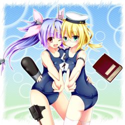 Rule 34 | 10s, 2girls, ass, blonde hair, blue hair, book, bow, breast press, covered navel, glasses, gradient hair, hair bow, hat, i-19 (kancolle), i-8 (kancolle), kantai collection, looking at viewer, multicolored hair, multiple girls, one-piece swimsuit, one eye closed, pink hair, red eyes, sabune bon, school swimsuit, swimsuit, symmetrical docking, thighhighs, twintails, v, white legwear, wink