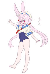 Rule 34 | 1girl, absurdres, animal ear fluff, animal ears, bare legs, barefoot, beret, blue one-piece swimsuit, blue sailor collar, commentary request, enkyo yuuichirou, eyebrows hidden by hair, hair between eyes, hair ornament, hat, highres, long hair, looking at viewer, low twintails, old school swimsuit, one-piece swimsuit, outstretched arms, pink hair, rabbit ears, red eyes, red neckwear, sailor collar, school swimsuit, school uniform, serafuku, shirt, short eyebrows, short sleeves, simple background, solo, swimsuit, swimsuit under clothes, thick eyebrows, tomari mari, tomari mari channel, twintails, very long hair, virtual youtuber, white background, white hat, white shirt, wide sleeves