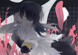Rule 34 | 1girl, abstract background, apron, black dress, black hair, breasts, cleavage, crazy smile, crying, crying with eyes open, dress, fire, hair between eyes, halftone, hands on own face, hat, hat loss, long hair, long sleeves, lower (vocaloid), maid, medium breasts, mikan 0127, pink fire, ringed eyes, smile, solo, tears, torn clothes, white hat, witch hat, yellow eyes
