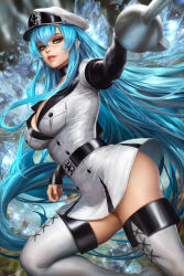 Rule 34 | 1girl, akame ga kill!, blue eyes, blue hair, breasts, cleavage, commentary, english commentary, esdeath, hair between eyes, hat, highres, holding, holding sword, holding weapon, large breasts, long hair, long sleeves, looking at viewer, neoartcore, patreon username, solo, standing, standing on one leg, sword, thighs, very long hair, weapon, white footwear, white hat