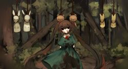 Rule 34 | 1girl, arms behind back, blank stare, blood, blood on face, brown hair, closed mouth, dirty, dirty clothes, dot nose, dress, empty eyes, forest, green dress, highres, long dress, long hair, looking at viewer, nature, neck ribbon, noose, outdoors, pale skin, red ribbon, ribbon, road, shirokujira, short sleeves, solo, tree, twintails, very long hair