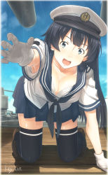Rule 34 | 10s, 1girl, absurdres, agano (kancolle), all fours, alternate costume, armpit peek, black hair, bra, breasts, cleavage, downblouse, gloves, green eyes, hat, highres, kantai collection, key kun, kii kun, large breasts, long hair, md5 mismatch, open mouth, revision, school uniform, smile, solo, thighhighs, underwear, white bra