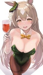 Rule 34 | 1girl, :d, alcohol, animal ears, arm at side, bare shoulders, bow, bowtie, braid, breasts, brown hair, brown pantyhose, cleavage, collar, collarbone, covered navel, cup, detached collar, drinking glass, ear ornament, elbow gloves, enumiyaa, eyelashes, feet out of frame, from above, gloves, green leotard, hair between eyes, hand up, highres, holding, horse ears, large breasts, legs together, leotard, light blush, light brown hair, lips, long hair, looking at viewer, looking up, open mouth, pantyhose, satono diamond (umamusume), simple background, smile, solo, standing, straight hair, teeth, umamusume, upper teeth only, very long hair, white background, white collar, white gloves, wine, wine glass, yellow bow, yellow bowtie, yellow eyes