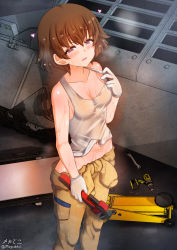 Rule 34 | 1girl, bare shoulders, blush, body freckles, breasts, brown hair, cleavage, collarbone, feet out of frame, female focus, freckles, girls und panzer, gloves, heart, highres, looking at viewer, megadeko, military, military vehicle, motor vehicle, navel, open mouth, purple eyes, shiny skin, short hair, small breasts, smile, solo, sweat, tank, tsuchiya (girls und panzer), white gloves, wrench