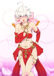 Rule 34 | 1girl, ahoge, alisaie leveilleur, bandeau, bare shoulders, blush, bow, breasts, bridal gauntlets, dancer (final fantasy), ears down, elezen, elf, embarrassed, final fantasy, final fantasy xiv, furrowed brow, glint, hair between eyes, hair bow, hand on own hip, hand up, highres, jewelry, kirimusume, knees together feet apart, legs together, loincloth, medium breasts, necklace, open mouth, pink bow, pointy ears, purple eyes, short hair, skindentation, solo, sparkle, teeth, white hair