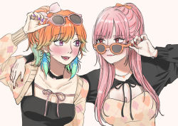 Rule 34 | 2girls, alternate costume, alternate hairstyle, arm on another&#039;s shoulder, arm rest, earrings, eyewear on head, feather earrings, feathers, glasses, gradient hair, highres, hololive, hololive english, hug, jewelry, mori calliope, multicolored hair, multiple girls, pink hair, ponytail, purple eyes, red eyes, sein 025, smile, sunglasses, takanashi kiara, tinted eyewear, virtual youtuber, yuri
