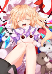 Rule 34 | 1girl, ^ ^, absurdres, back bow, blonde hair, blurry, blurry background, bow, calpis118, character doll, closed eyes, fang, feet out of frame, flandre scarlet, frilled skirt, frills, hair between eyes, happy, hat, highres, holding, holding stuffed toy, long hair, mob cap, multicolored wings, open mouth, pink hat, puffy short sleeves, puffy sleeves, purple hair, red skirt, remilia scarlet, shirt, short sleeves, side ponytail, skirt, solo, stuffed animal, stuffed toy, teddy bear, teeth, touhou, upper teeth only, white bow, white hat, white shirt, wings