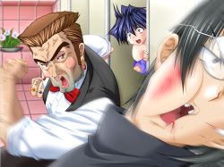 Rule 34 | 1girl, 2boys, :o, aihara takuya, akazaki yasuma, beard, beating, black hair, blood, blue hair, bow, bowtie, brown hair, clenched hands, crossdressing, earrings, eyeshadow, face punch, facial hair, floral print, flower, game cg, glasses, in the face, injury, jewelry, lipstick, long sleeves, makeup, missing tooth, missing tooth, motion blur, multiple boys, muscular, off shoulder, open mouth, peeking, punching, ring, sano (x-change), short hair, sideburns, surprised, takuya, vest, walk-in, x-change, x-change 3