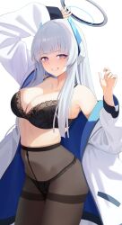 Rule 34 | 1girl, arm up, black panties, black pantyhose, blue archive, blush, bra, breasts, commentary request, covered navel, cowboy shot, fujisawa sorao, grey hair, grin, halo, headgear, highres, jacket, lace, lace-trimmed bra, lace-trimmed panties, lace trim, large breasts, long hair, looking at viewer, mechanical halo, noa (blue archive), open clothes, open jacket, panties, panties under pantyhose, pantyhose, purple eyes, simple background, smile, solo, thighband pantyhose, two-sided fabric, underwear, undressing, white background, white halo, white jacket