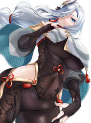 Rule 34 | 1girl, aqua nails, black gloves, blue eyes, bodysuit, breasts, chinese clothes, closed mouth, covered navel, from below, genshin impact, gloves, hair ornament, highres, hinata sora, large breasts, long hair, looking at viewer, nail polish, shenhe (genshin impact), silver hair, simple background, white background