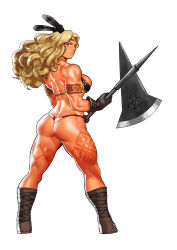 Rule 34 | 1girl, amazon (dragon&#039;s crown), armlet, armor, ass, biceps, bikini armor, black gloves, blonde hair, boots, cessa, commission, dragon&#039;s crown, from behind, gloves, halberd, highres, holding, long hair, looking at viewer, looking back, muscular, muscular female, polearm, simple background, solo, tattoo, two-handed, weapon, white background