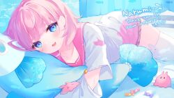 Rule 34 | 1girl, bed, blue eyes, candy, commission, english text, fish, food, head tilt, highres, holding, holding stuffed toy, indie virtual youtuber, komomo (2899), looking at viewer, lying, octopus, on stomach, open mouth, pink hair, pink skirt, sailor collar, shirt, short hair, signature, skeb commission, skirt, smile, solo, stuffed animal, stuffed toy, thighhighs, umbrella octopus, virtual youtuber, water, white shirt, white thighhighs