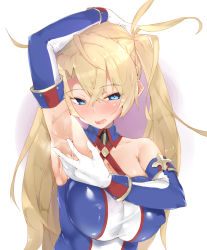 Rule 34 | 1girl, arm up, armpits, bare shoulders, blonde hair, blue eyes, blush, bradamante (fate), bradamante (first ascension) (fate), braid, breasts, cleavage, covered erect nipples, crossed bangs, elbow gloves, fate/grand order, fate (series), fujihan (osamuraifuji), gloves, gradient background, half-closed eyes, hand up, large breasts, long hair, looking at viewer, multicolored clothes, multicolored gloves, parted bangs, presenting armpit, purple background, shiny skin, sidelocks, smile, solo, spread armpit, sweat, twintails, upper body, white background, white gloves