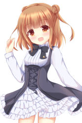 Rule 34 | 1girl, :d, beatrice (princess principal), black bow, black bowtie, black dress, blunt bangs, blush, bow, bowtie, breasts, brown eyes, brown hair, commentary request, cowboy shot, double bun, dress, frilled skirt, frills, hair bun, hand up, head tilt, kedama (kedama akaza), layered skirt, long sleeves, looking at viewer, open mouth, princess principal, shirt, simple background, skirt, small breasts, smile, solo, standing, white background, white shirt, white skirt
