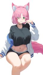 1girl animal_ear_fluff animal_ears black_choker black_shirt black_shorts breasts choker commentary_request crop_top crop_top_overhang cropped_shirt dolphin_shorts fangs fox_ears fox_girl fox_tail fujisawa_sorao green_eyes grin hand_up highres jacket large_breasts long_sleeves looking_at_viewer medium_hair midriff navel off_shoulder open_clothes open_jacket original pink_hair shirt short_shorts shorts simple_background sitting smile solo tail v white_background white_jacket