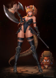 Rule 34 | 1girl, 1other, armlet, armor, armored boots, armored leotard, axe, backpack, bag, bare shoulders, battle axe, black collar, black footwear, black leotard, blonde hair, blue eyes, boots, bowser logo, bowsette, bracelet, breasts, character name, cleavage, collar, commentary, crown, earrings, english commentary, fantasy, faulds, felox08, full body, gauntlets, goomba, greaves, highleg, highleg leotard, highres, holding, holding axe, holding weapon, huge weapon, jewelry, leotard, lips, long hair, long legs, long tail, mario (series), mini crown, new super mario bros. u deluxe, nintendo, nose, patreon username, pointy ears, see-through, see-through legwear, solo focus, spiked armlet, spiked bracelet, spiked collar, spikes, standing, strapless, strapless leotard, super crown, tail, thigh boots, thighhighs, thighhighs under boots, watermark, weapon, web address