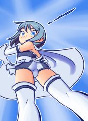 Rule 34 | !, 1girl, ass, blue background, blue eyes, blue hair, blue panties, blue shirt, blush, breasts, cape, drantyno, from behind, from below, gloves, hair ornament, hairclip, highres, looking at viewer, looking back, looking down, mahou shoujo madoka magica, miki sayaka, panties, shirt, short hair, skirt, sleeveless, sleeveless shirt, small breasts, standing, surprised, thighhighs, underwear, white cape, white gloves, white panties, white shirt, white skirt, white thighhighs, wind, wind lift