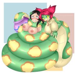 Rule 34 | 2girls, ahegao, artist name, blue eyes, breasts, coiled, colored sclera, commission, enetheligthingdancer, femdom, green nipples, highres, jar, lamia, large breasts, long tongue, looking at another, monster girl, multiple girls, navel, nipples, nude, pot, red hair, restrained, shantae (series), short hair, simple background, snake bondage, snake tail, tail, tongue, tongue out, tuki (shantae), twintails, yellow sclera
