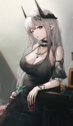 Rule 34 | 1girl, arknights, black collar, black dress, bracelet, breasts, cleavage, collar, cross, cross necklace, cup, dress, earrings, holding, holding cup, horns, jewelry, large breasts, long hair, masai no senshi, mudrock (arknights), mudrock (obsidian) (arknights), necklace, official alternate costume, parted lips, pointy ears, red eyes, solo, white hair