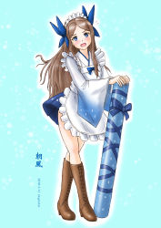 Rule 34 | 1girl, absurdres, adapted costume, apron, asakaze (kancolle), blue background, blue bow, blue eyes, blue hakama, boots, bow, brown footwear, brown hair, commentary request, cross-laced footwear, forehead, gift, hair bow, hakama, hakama short skirt, hakama skirt, highres, japanese clothes, kantai collection, knee boots, lace-up boots, long hair, maid, one-hour drawing challenge, parted bangs, sidelocks, simple background, skirt, skypixter, solo, tube, valentine, wa maid, wavy hair