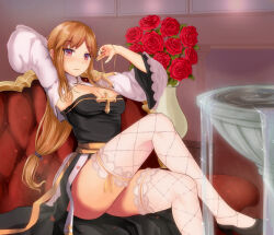 Rule 34 | 1girl, arch bishop (ragnarok online), arm behind back, arms up, black dress, black footwear, blonde hair, blush, breasts, cleavage, closed mouth, couch, crossed legs, dress, eyelashes, eyes visible through hair, flower, fountain, frown, gold trim, hand in own hair, high collar, high heels, leaf, long hair, long sleeves, looking at viewer, low-tied long hair, margaretha sorin, medium breasts, on couch, parted bangs, pink eyes, ragnarok online, red flower, red rose, rose, sail (sail-away), shoes, shrug (clothing), side slit, sitting, solo, sparkle, strapless, strapless dress, thighhighs, thighs, two-tone dress, vase, water, white dress, white thighhighs, wide sleeves