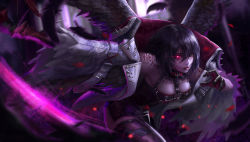 Rule 34 | 1girl, absurdres, bare shoulders, black dress, black eyes, black hair, black thighhighs, black wings, breasts, cleavage, collar, colored skin, dnjswns178, dress, dungeon and fighter, feathered wings, female priest (dungeon and fighter), glowing, glowing eye, high collar, highres, lipstick, looking at viewer, makeup, mistress (dungeon and fighter), motion blur, off shoulder, outstretched arm, realistic, red lips, running, short dress, solo, tattoo, thighhighs, white skin, wide sleeves, wings